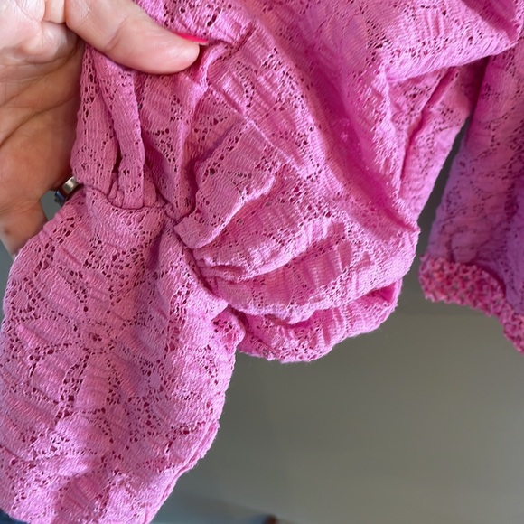 FREE PEOPLE PINK LACE bubble sleeve crop top circular open back elasticized Med - Picture 4 of 15